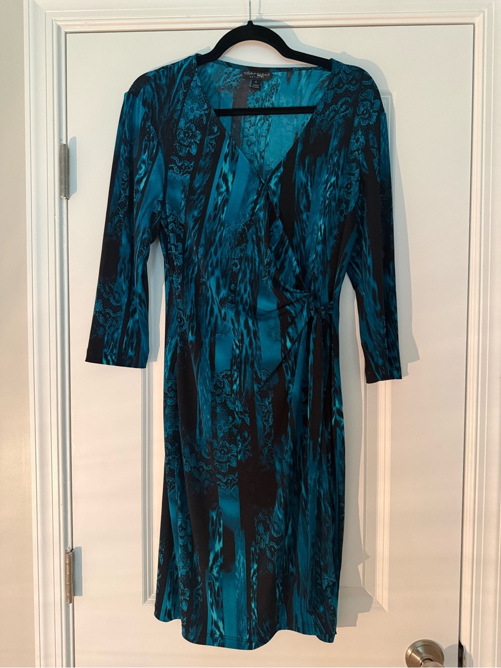Connected Side Wrap-Style Figure Flatter Teal & Black Dress